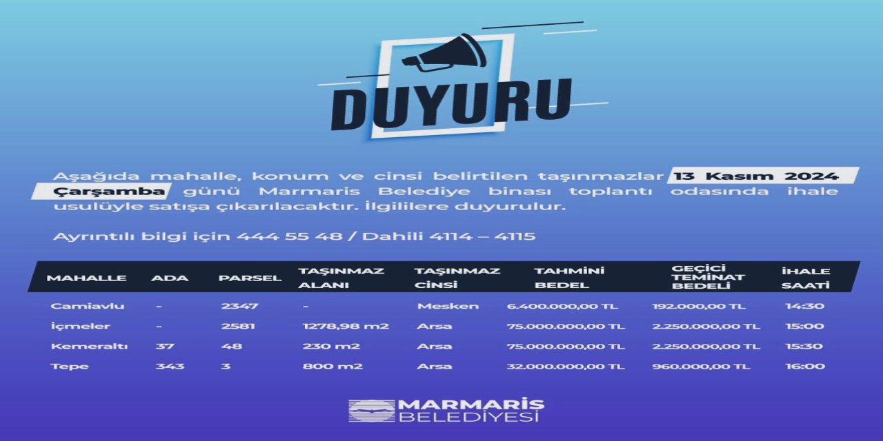 Marmaris Belediyesi taşınmazlarının ihalesi bugün