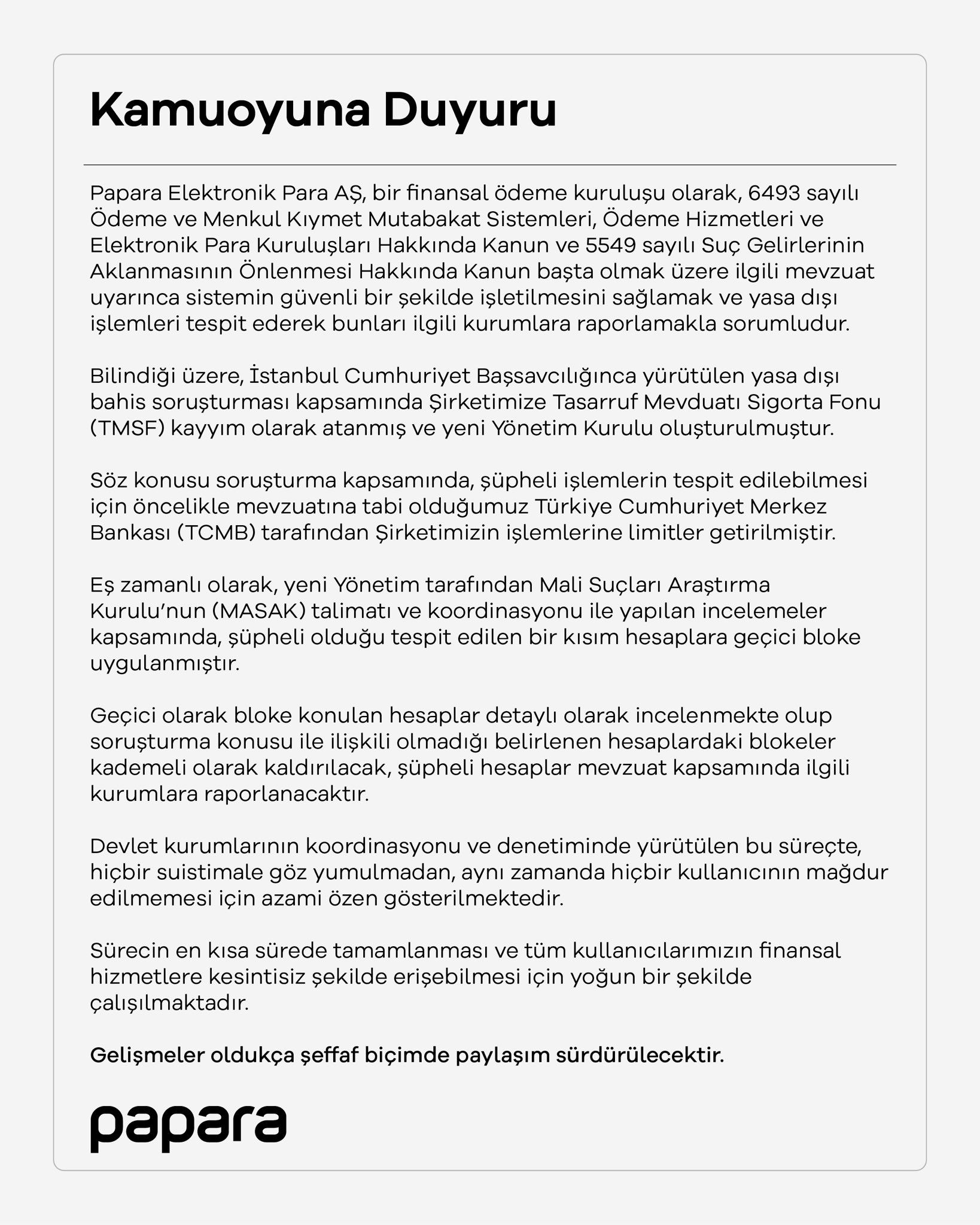 Papara’dan bloke hesaplara ilişkin açıklama