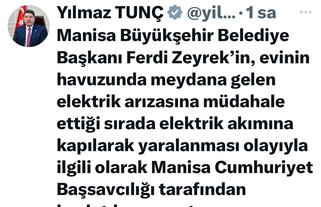 Adalet Bakanı Tunç: "Ferdi Zeyrek’in elektrik akımına kapılarak yaralanması olayıyla ilgili soruşturma başlatıldı"