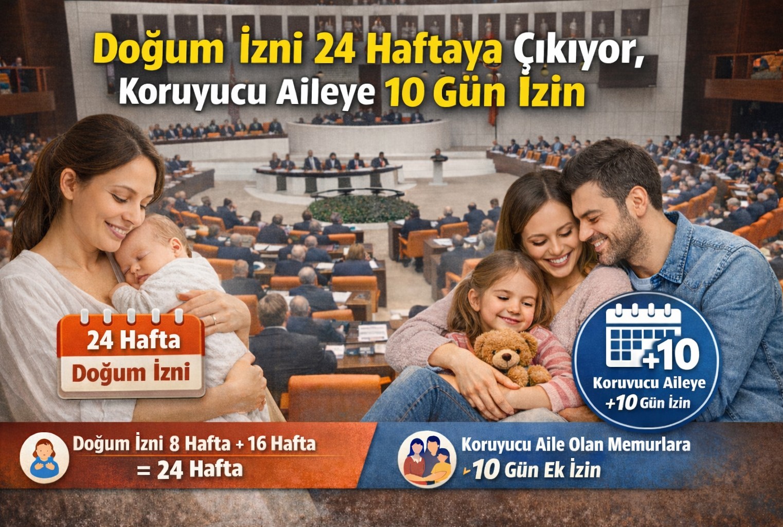 Doğum izni 24 haftaya çıkıyor, koruyucu aileye 10 gün izin