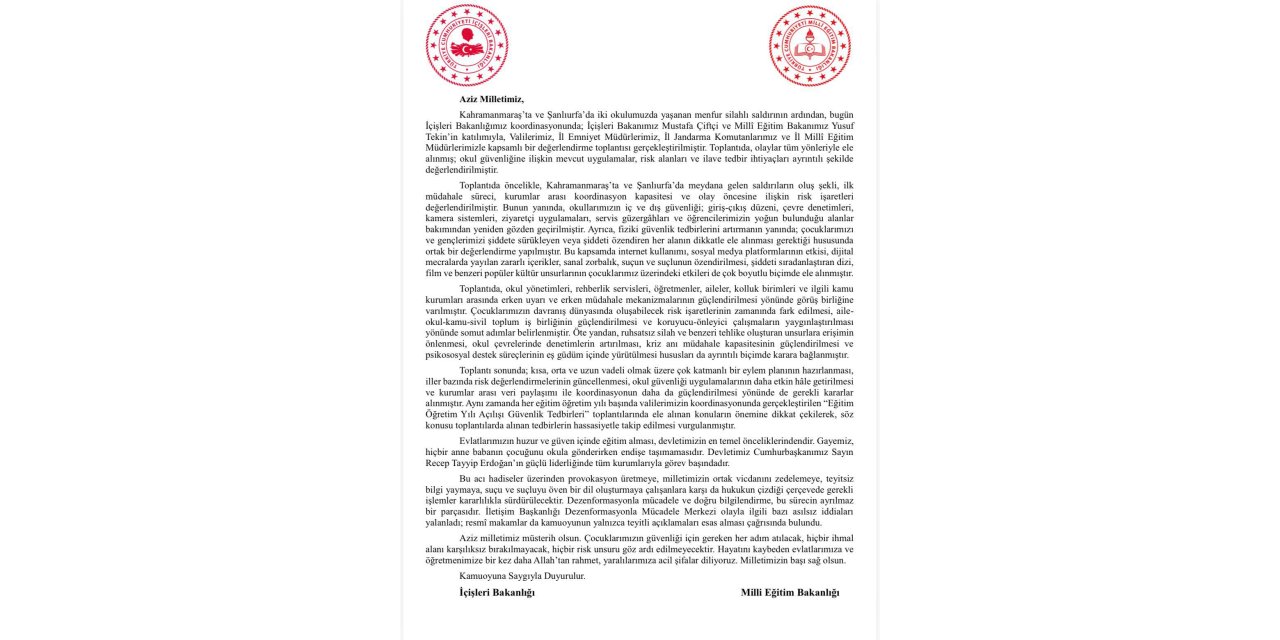 BAKANLIKLARDAN ORTAK AÇIKLAMA: “OKUL GÜVENLİĞİ İÇİN YENİ TEDBİRLER ALINACAK”