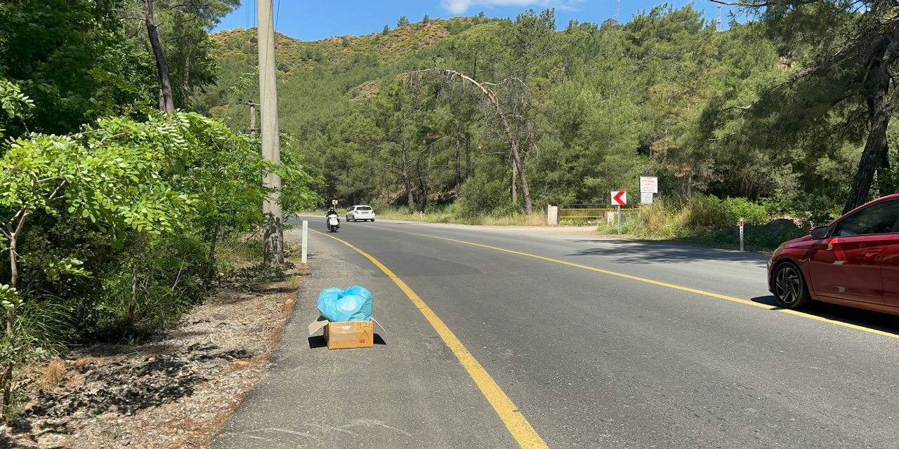 Marmaris Adaköy yoluna koli İçinde bırakılan çöpler tepki çekti