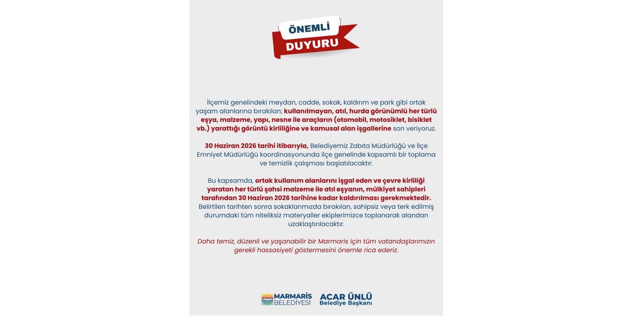 MARMARİS’TE HURDA ARAÇ VE ATIL EŞYA TEMİZLİĞİ BAŞLIYOR