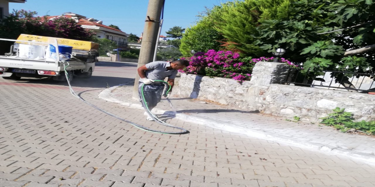 İçmeler’de kaldırımları kendi imkanlarıyla boyadı