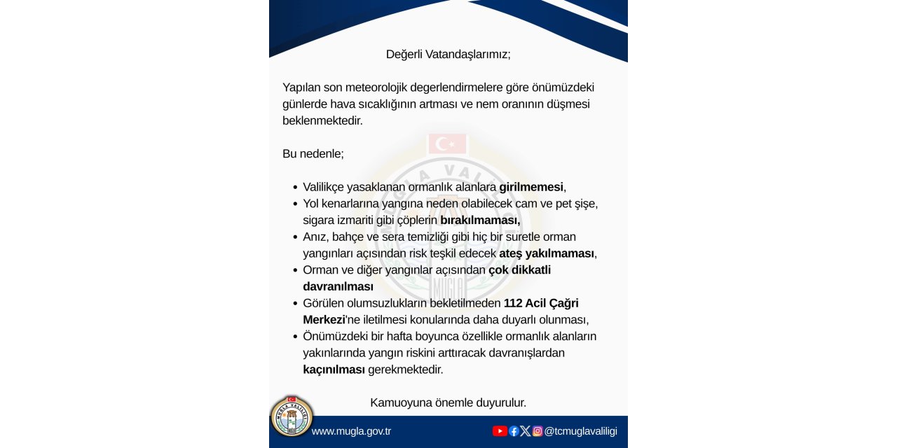 Muğla Valiliği'nden orman yangını uyarısı