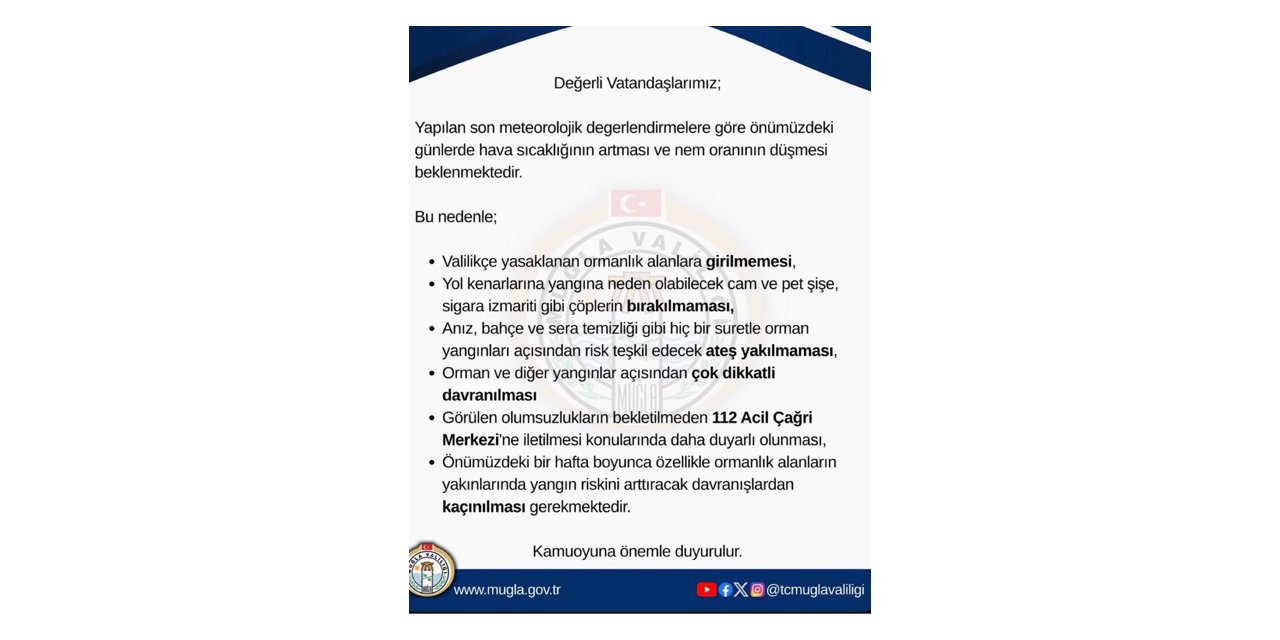 Muğla Valiliği’nden orman yangınları için kritik uyarı