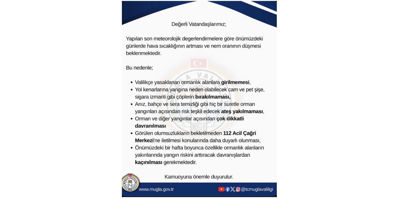 Muğla Valiliğinden uyarı