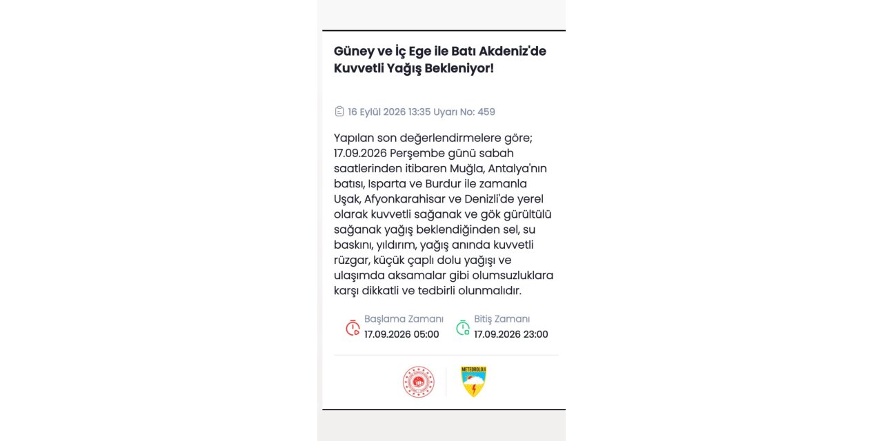 METEOROLOJİ’DEN EGE VE AKDENİZ İÇİN KUVVETLİ YAĞIŞ UYARISI