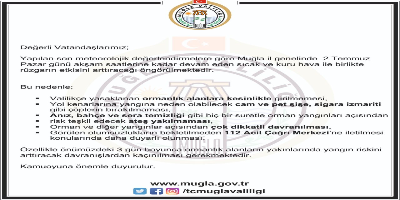 VALİLİKTEN YANGIN UYARISI