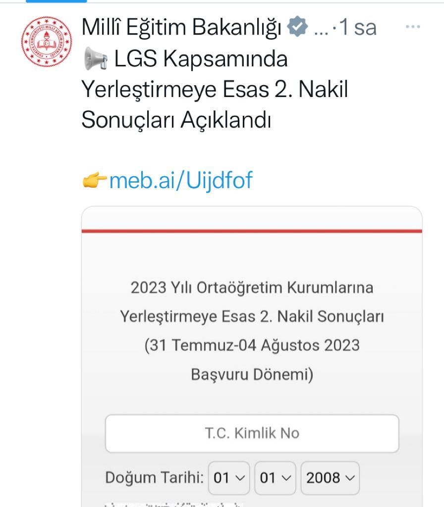 MEB LGS 2.NAKİL SONUÇLARININ AÇIKLANDIĞINI BİLDİRDİ