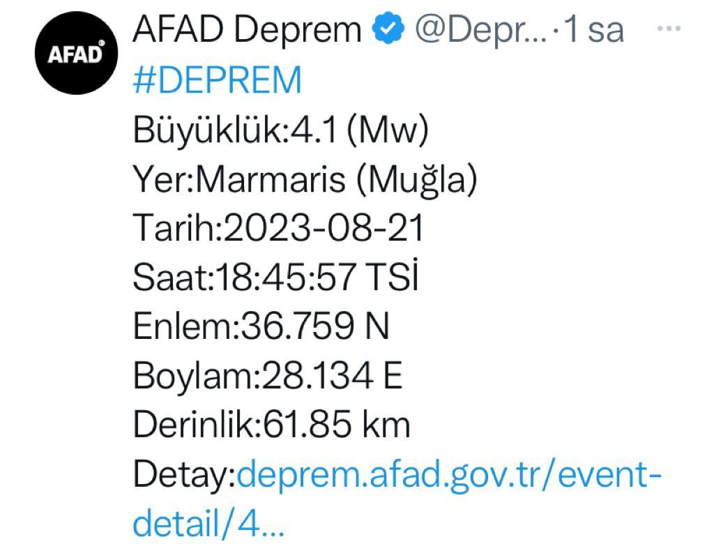 MARMARİS'TE 4.1 ŞİDDETİNDE DEPREM MEYDANA GELDİ